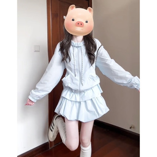 早春季蓝色甜美法式连衣裙子女夏2026新款小个子花苞短裙一整套装