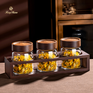 花茶茶叶收纳罐新款咖啡豆粉密封罐食品级蜂蜜带盖子玻璃瓶带架套