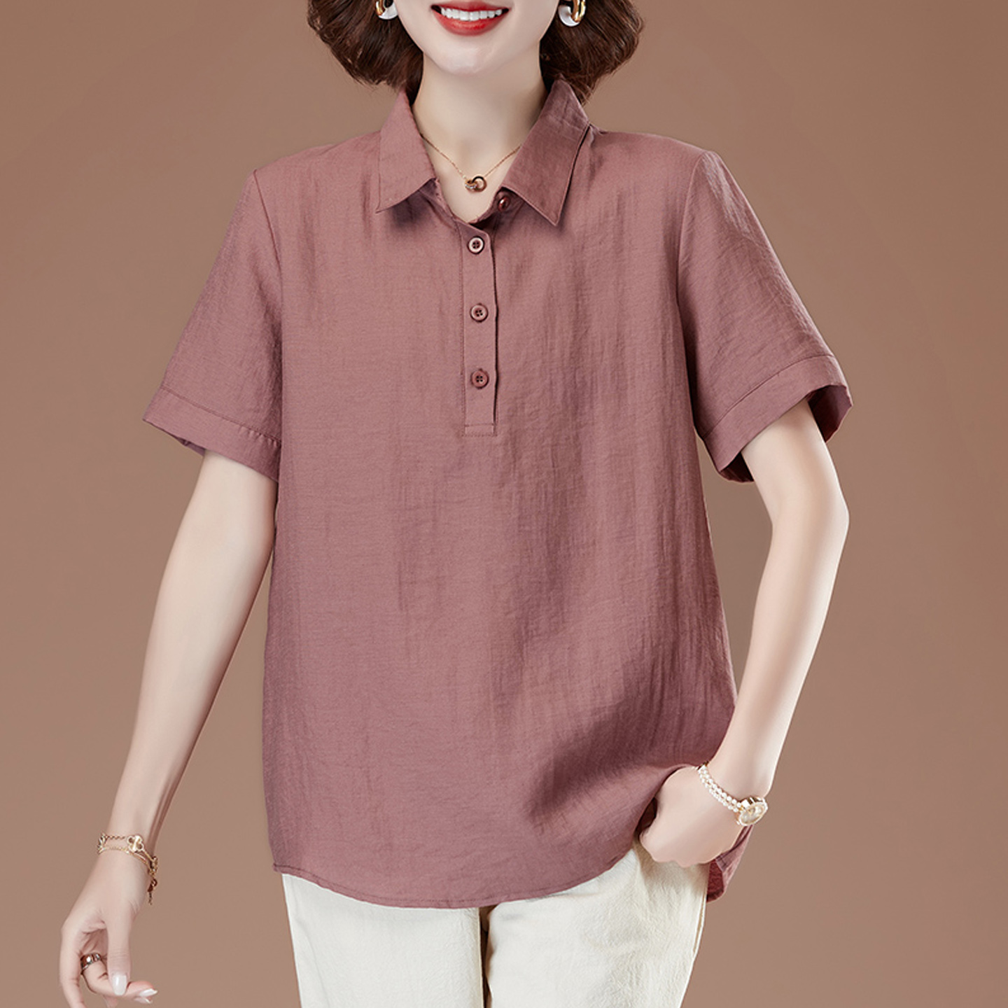 中年妈妈夏季短袖t恤女翻领衬衫