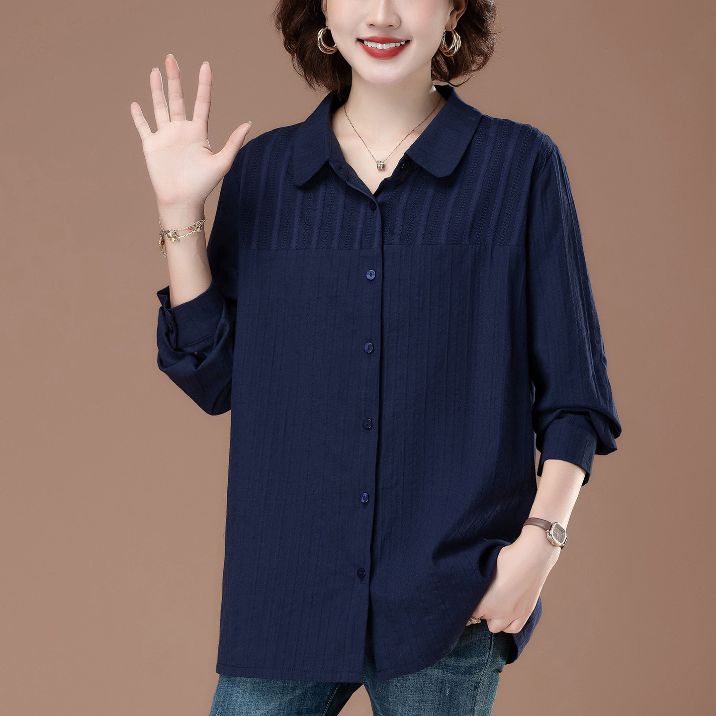 纯棉时尚长袖衬衫女宽松洋气百搭
