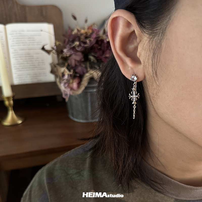 【张艺兴同款】两种戴法!复古做旧十字架耳钉男女单只个性耳环