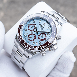 OBLVLO欧宝罗运动计时熊猫迪陶瓷圈石英表钢带男表送礼父亲节