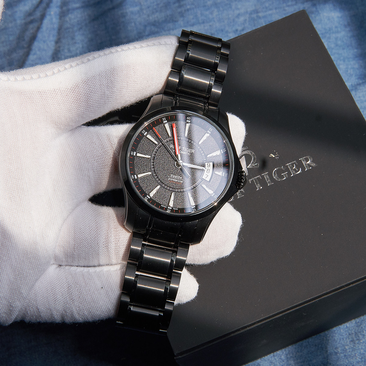 联名瑞夫泰格手表男黑钢全自动机械表夜光防水男士手表精钢带男表