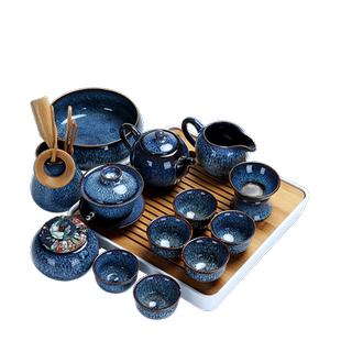 钧窑拉丝建盏功夫茶具小套装窑变拉丝家用简约盖碗茶壶干泡盘整套