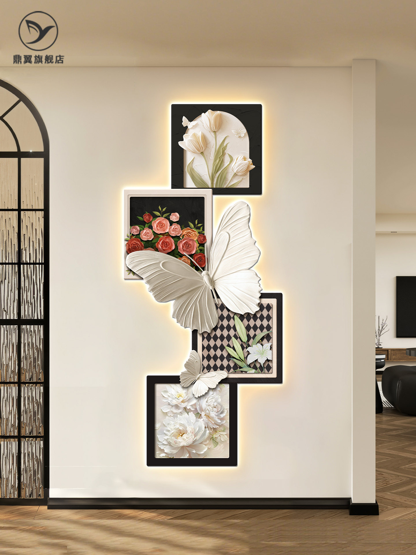 法式中古风入户玄关装饰画蝴蝶花卉挂画客厅壁灯走廊正对门壁画