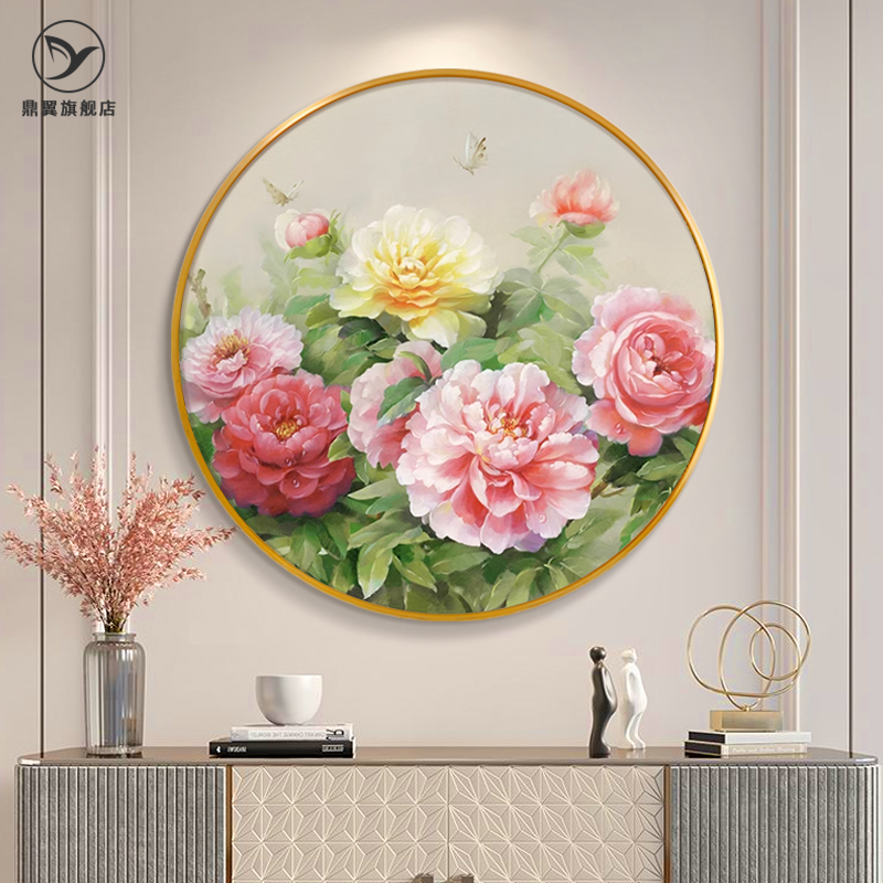 花开富贵牡丹花挂画入户玄关圆形装饰画客厅卧室墙花卉壁画油画图片