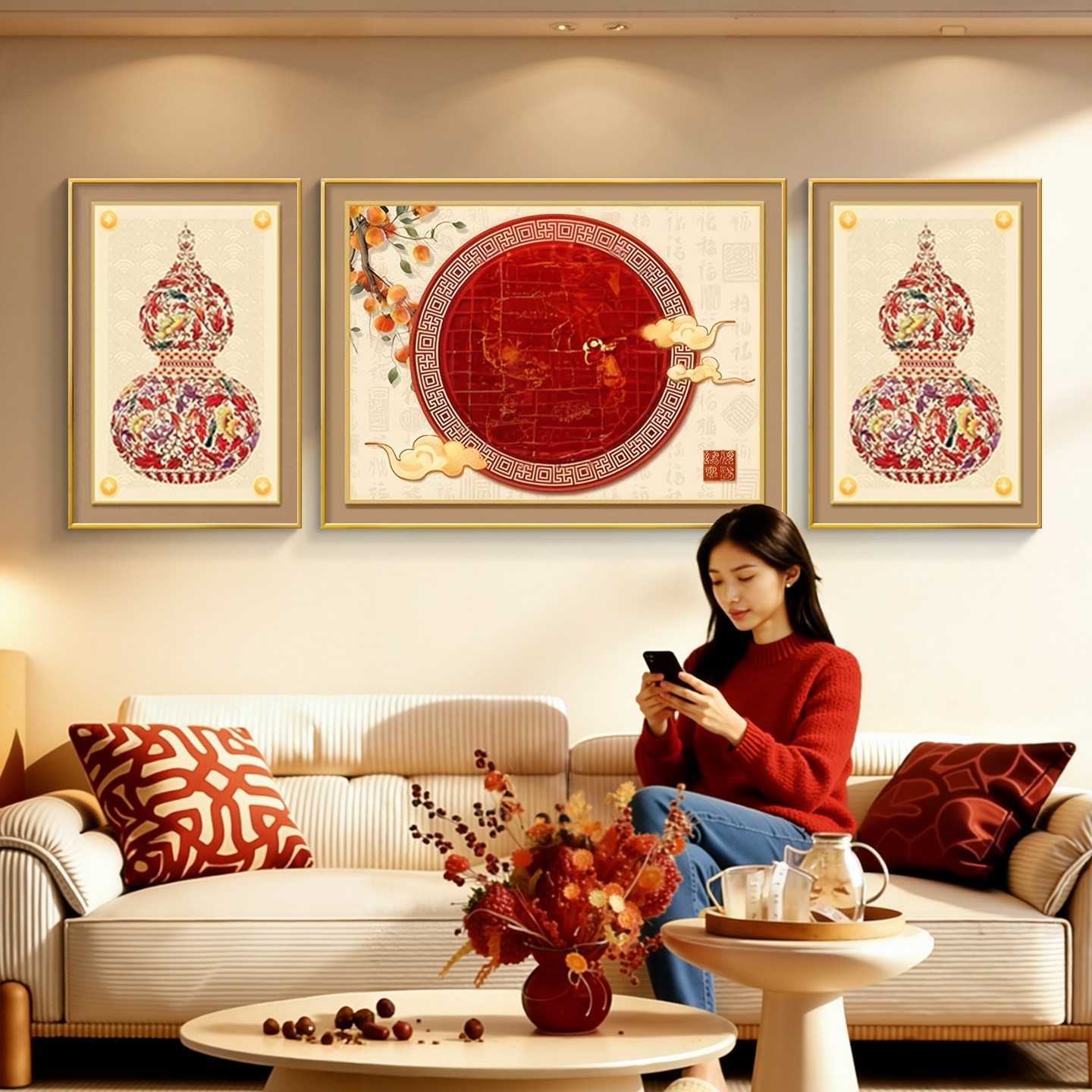 新中式客厅装饰画福禄沙发背景墙挂画2026新款福字轻奢三联壁画,家居饰品,现代装饰画,淘宝优惠券,粉丝福利购,淘宝优惠卷