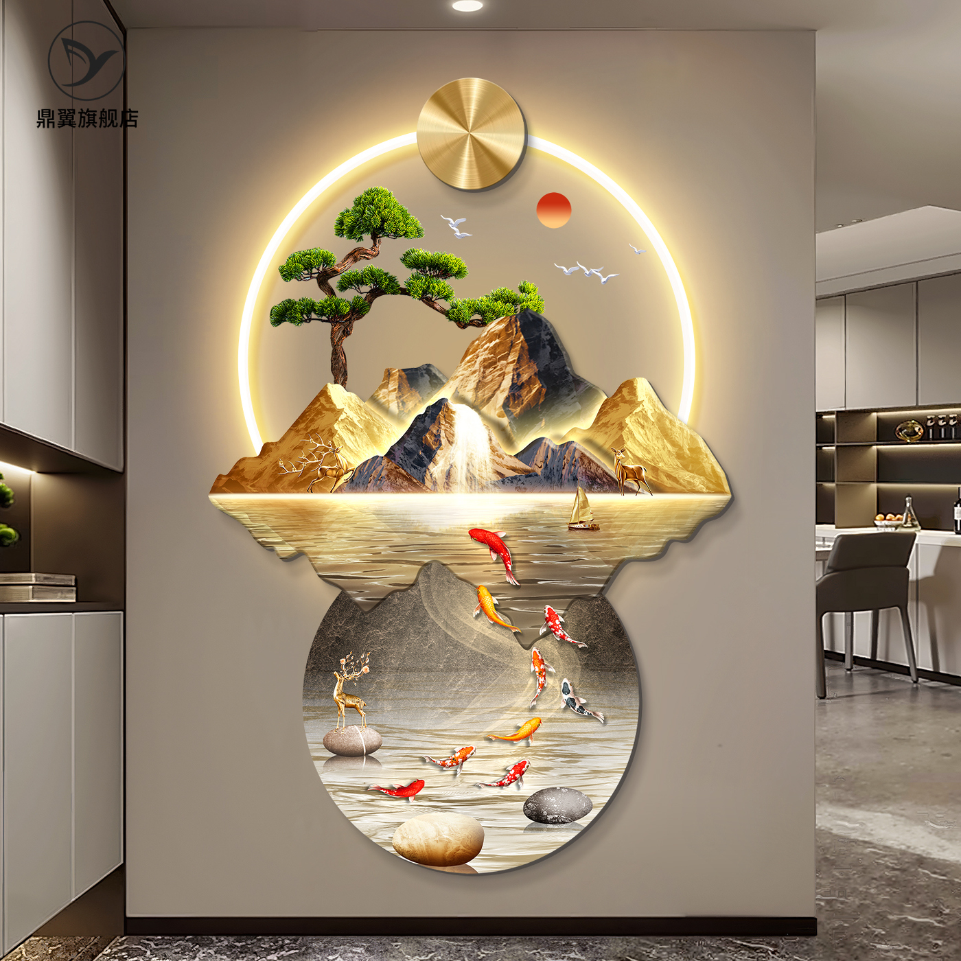 九鱼图玄关装饰画入户正对门轻奢高级感挂画高端走廊尽头带灯壁画