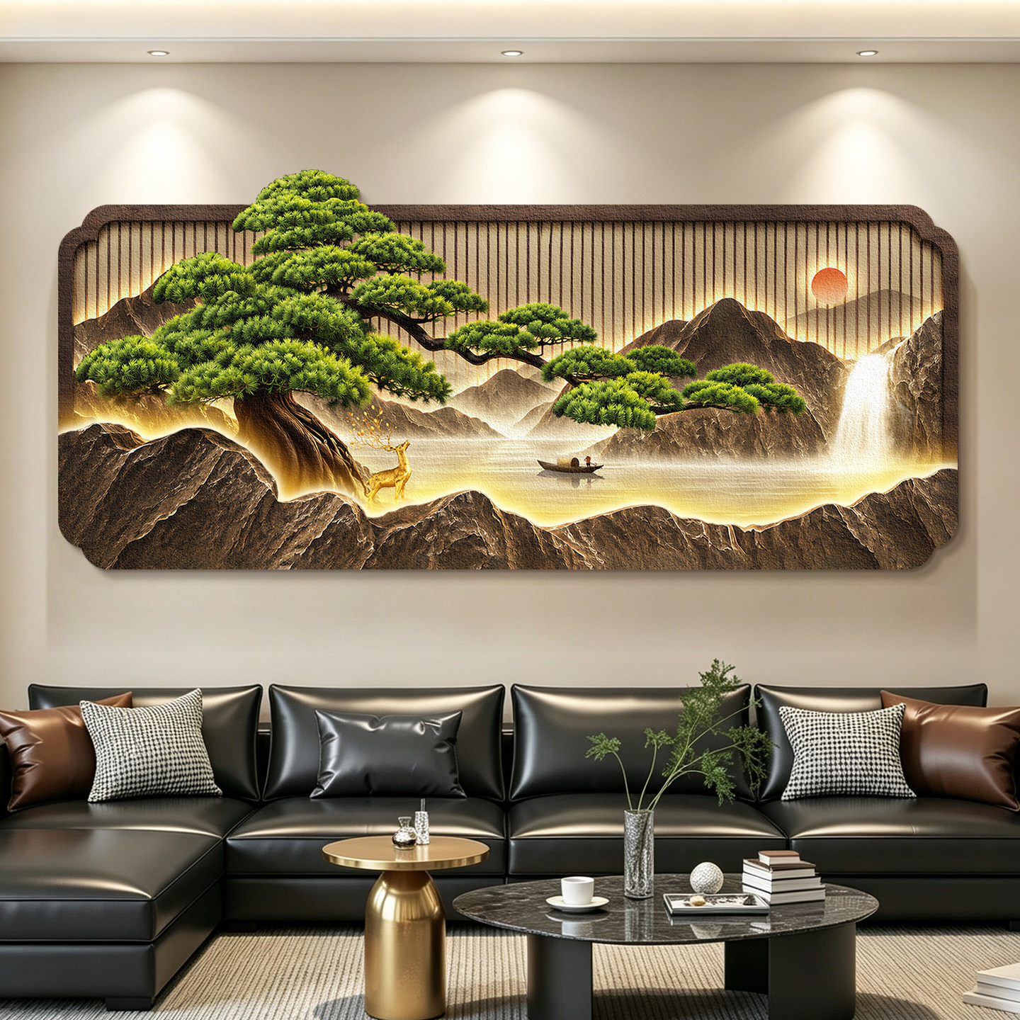 客厅装饰画新中式轻奢迎客松沙发背景墙壁画高档立体led氛围灯画