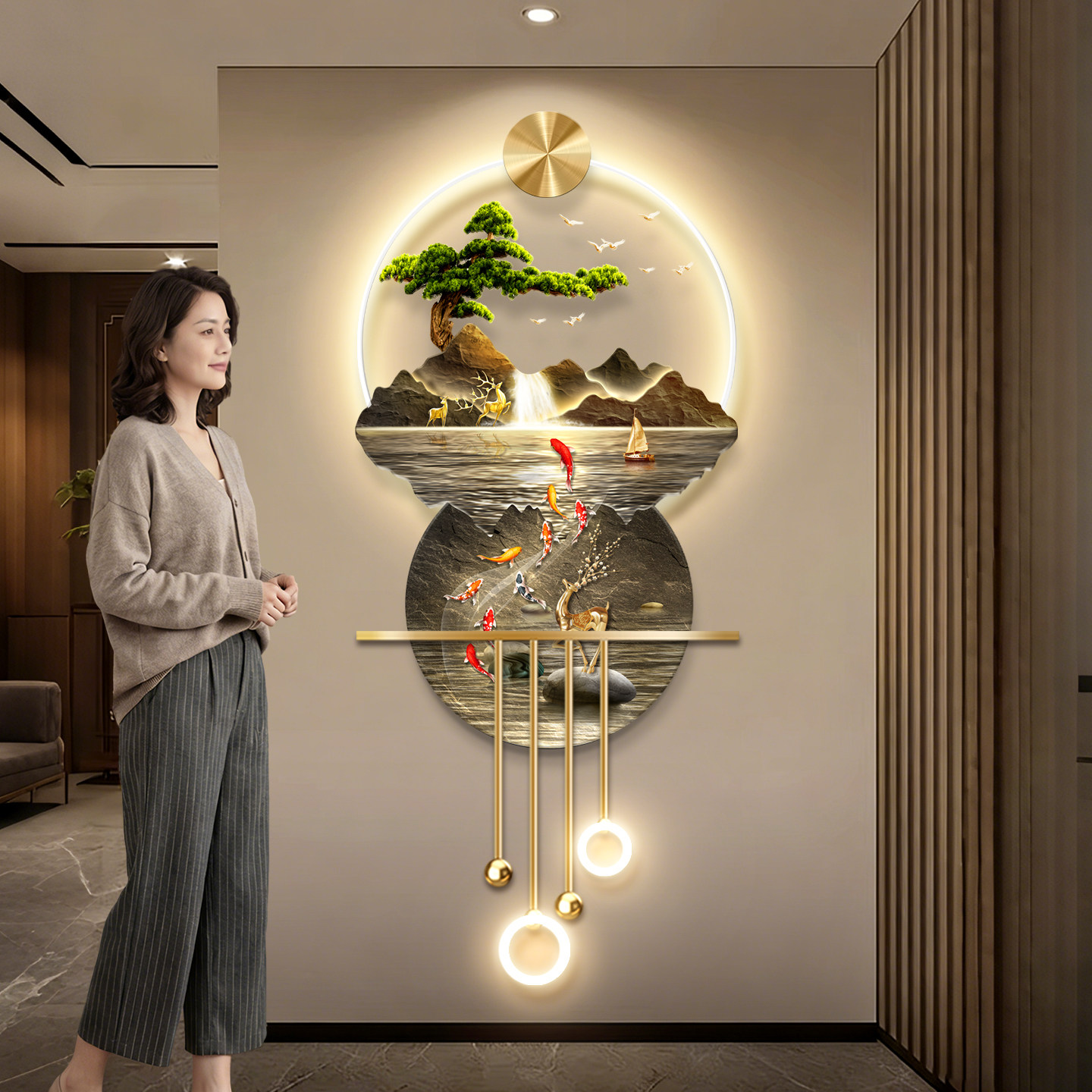 九鱼图新中式入户玄关装饰画山水画高档立体LED壁灯走廊过道挂画