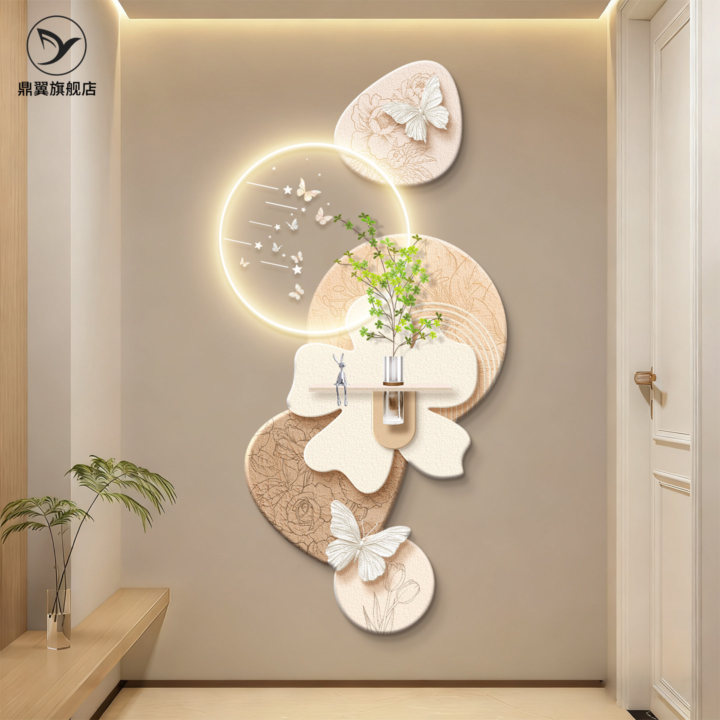 奶油风玄关装饰画高级感立体蝴蝶感应壁灯画花卉客厅走廊过道挂画