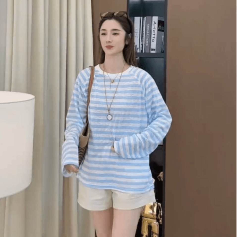 网红休闲百搭减龄宽松条纹圆领T恤女时尚套头2024新款百搭长袖T女