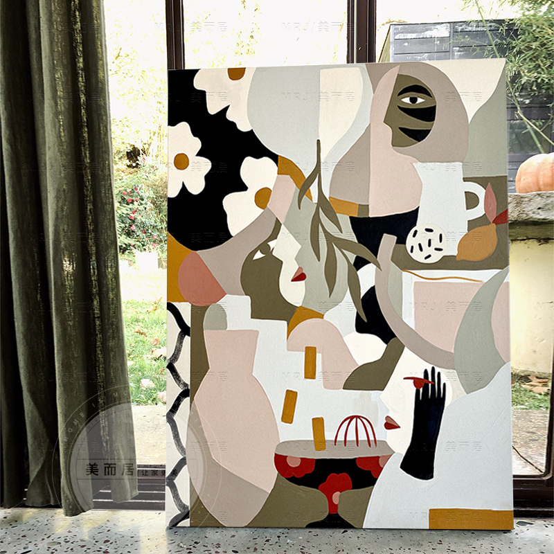 毕加索侘寂风手绘大芬村油画小众艺术抽象人物玄关装饰画肌理挂画图片