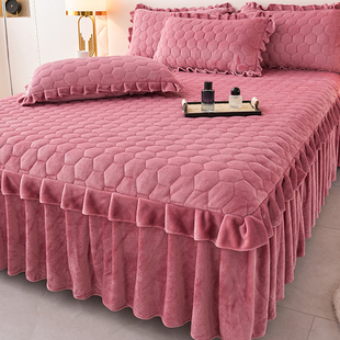 床罩三件套 加厚保暖珊瑚法兰绒花边款 韩式 牛奶绒夹棉床裙单件冬季