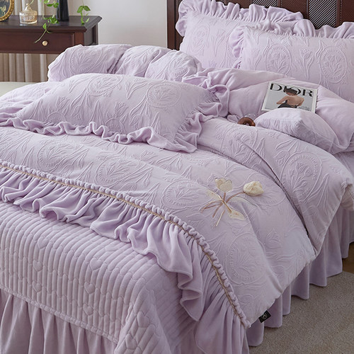 雕花牛奶绒夹棉床盖四件套冬季