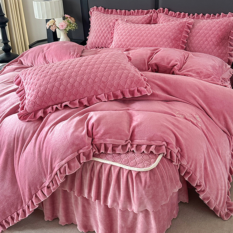 韩式公主风冬季牛奶绒夹棉床裙四件套加厚保暖珊瑚绒被套花边床罩