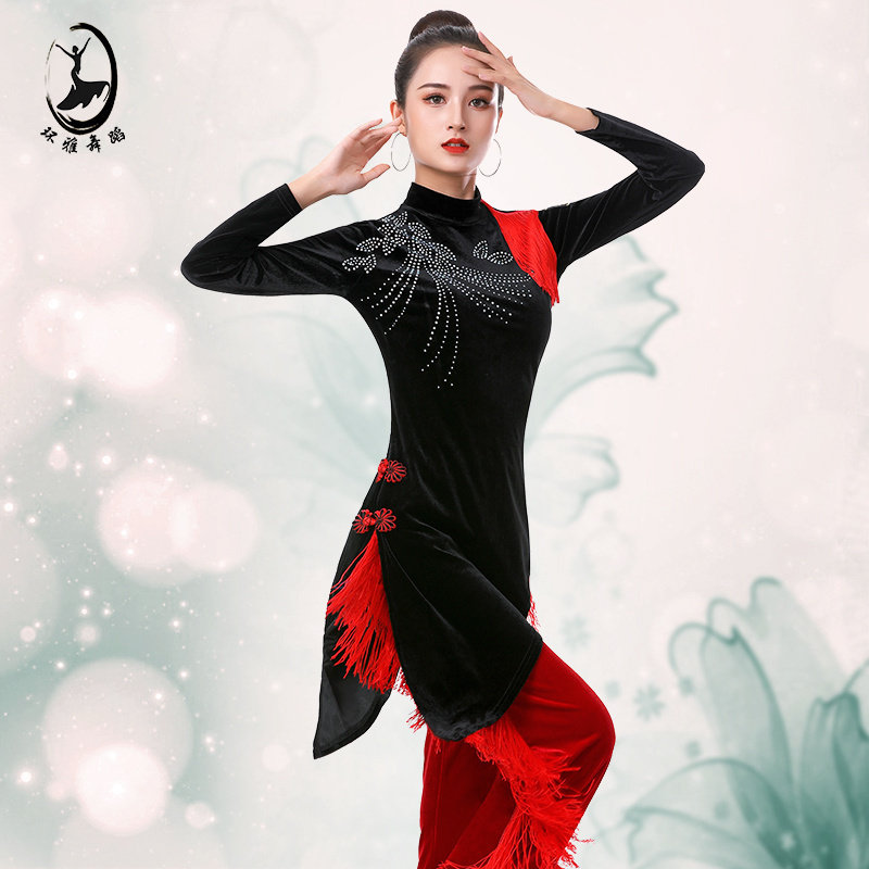 环雅拉丁舞上衣女新款金丝绒镶钻流苏长袖表演练功服吉特巴舞蹈服