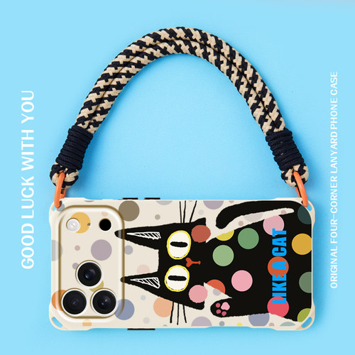 适用苹果16手机壳挂绳彩点猫