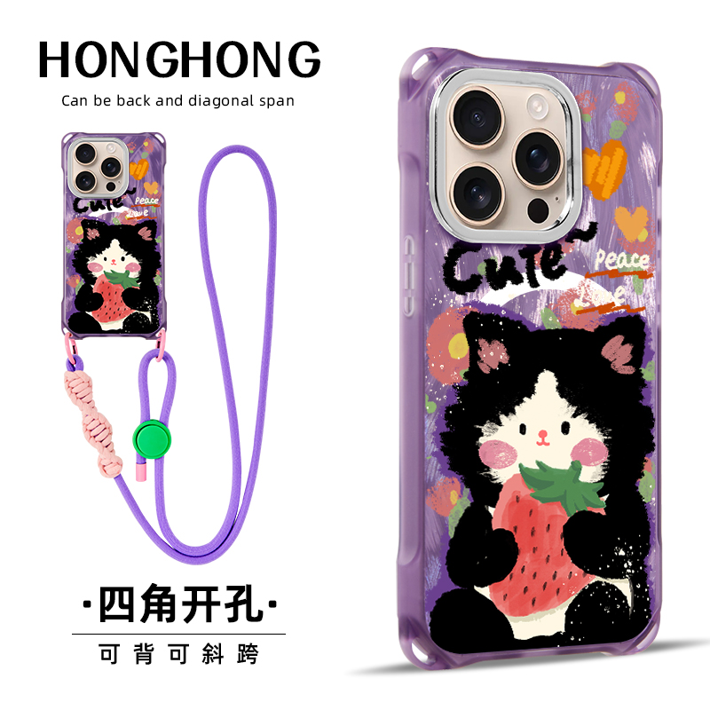 适用phone15promax手机壳斜挎手提高级感70苹果14小众潮流13原创小黑头猫华为mate60磁吸16pro挂绳背带挂脖12