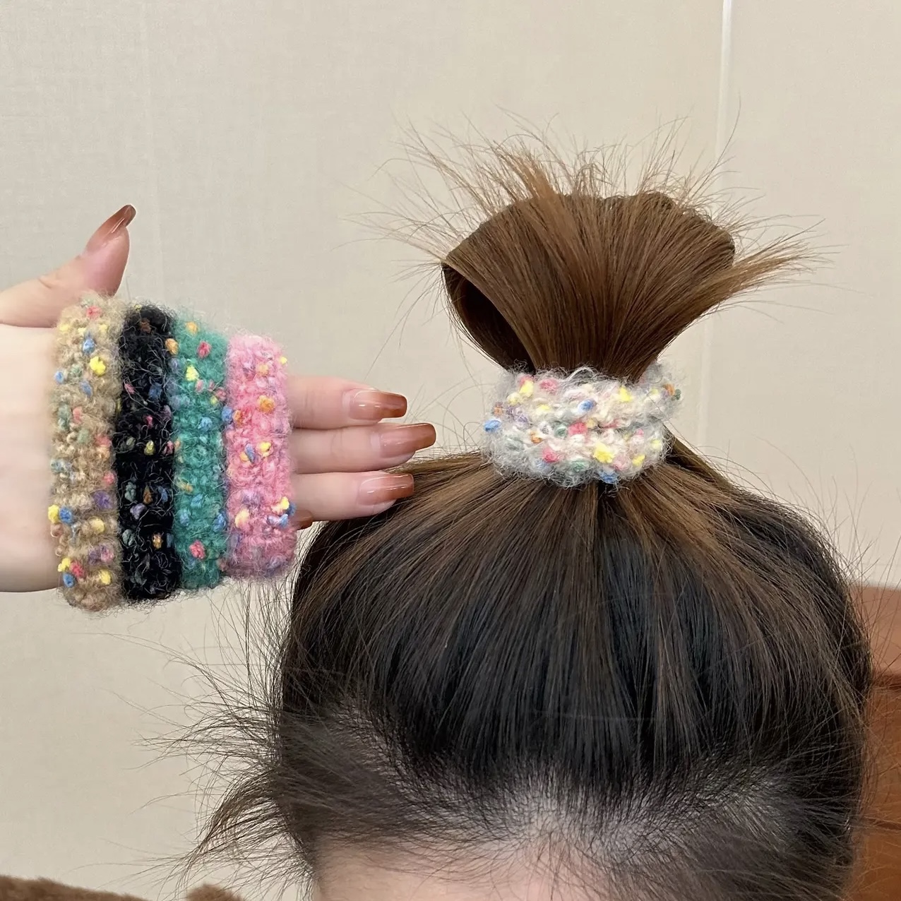 日韩彩色毛绒波点小香风毛线针织发圈皮筋毛巾圈发绳耐用扎头发女