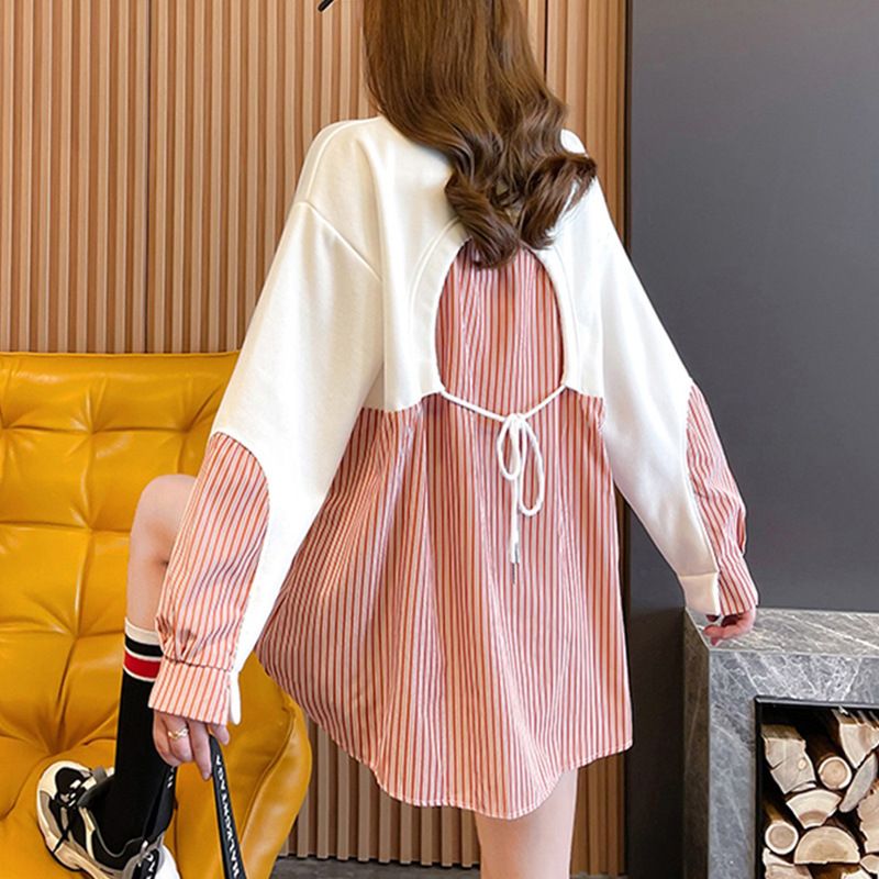 早秋薄款卫衣女洋气设计感小众宽松韩版拼接条纹假两件上衣女学生