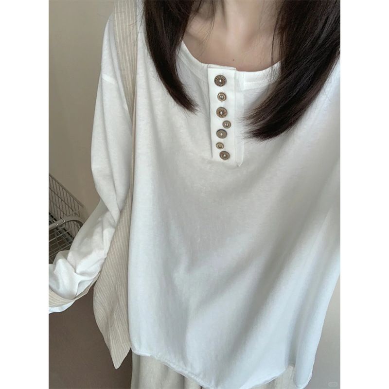 工厂直销 韩系白色纽扣长袖T恤女早秋宽松慵懒风松弛感罩衫上