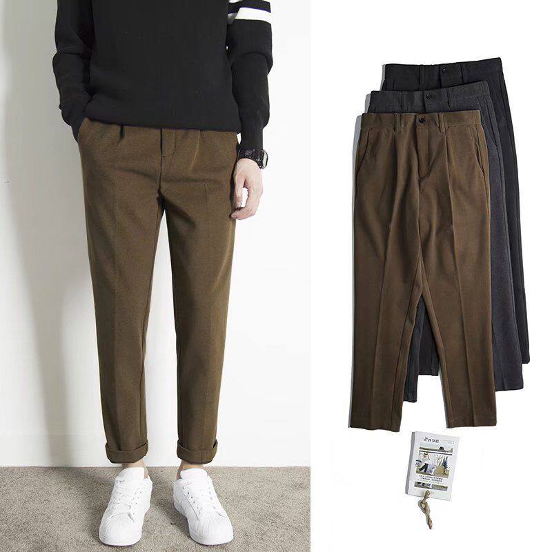 毛呢裤子男秋冬直筒长裤韩版潮流后松紧腰百搭小西裤九分休闲裤男