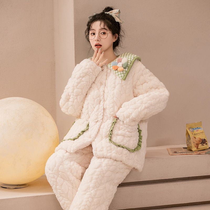 三层加厚夹棉睡衣女冬季珊瑚绒加绒公主风新款秋冬款法兰绒