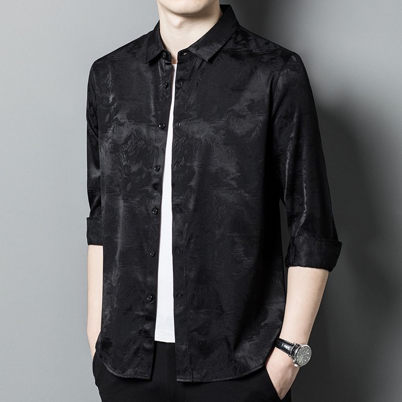 暗花纹桑蚕丝长袖衬衫男春秋季商务休闲真丝衬衣韩版潮流寸衫上衣
