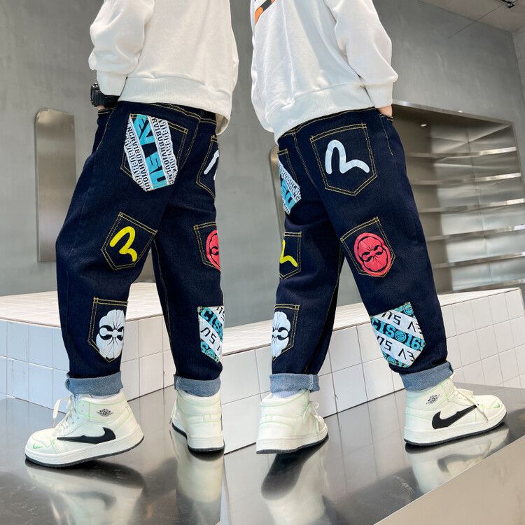 男童多口袋印花牛仔裤2025秋冬中大童一体绒牛仔长裤湖州织里童装