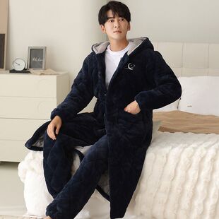 男士睡衣男秋冬季加绒加厚三层夹棉中长款保暖大码冬天家居服套装