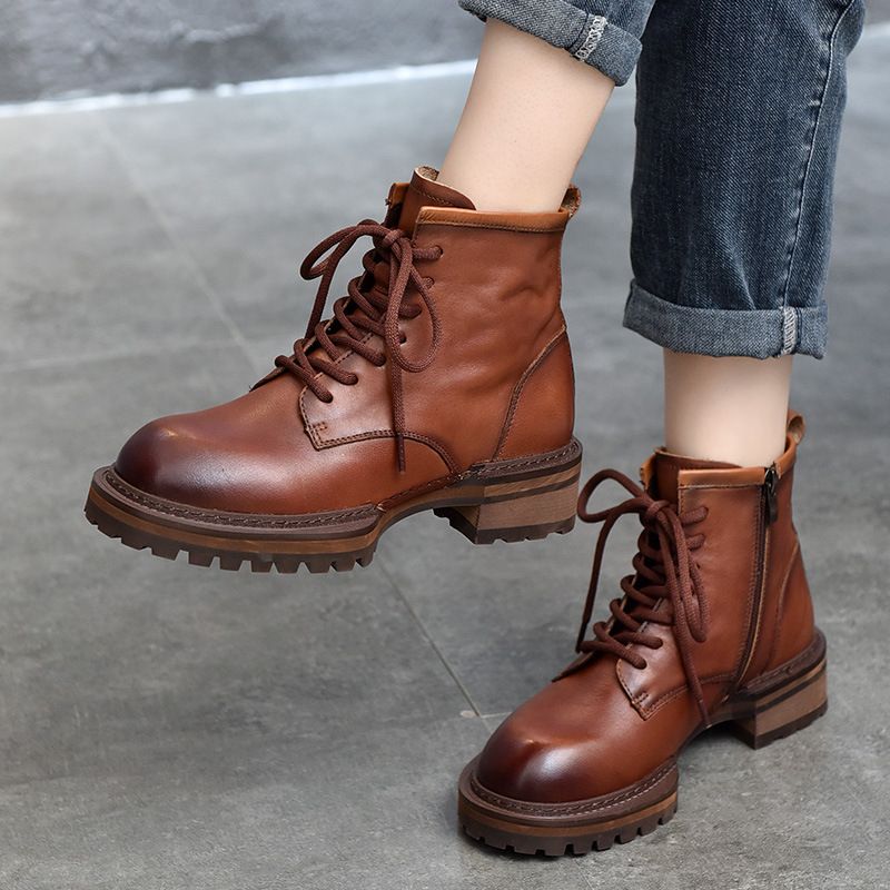 马丁靴女真皮 秋冬 英伦风布洛克小皮靴中跟短筒单靴侧拉链