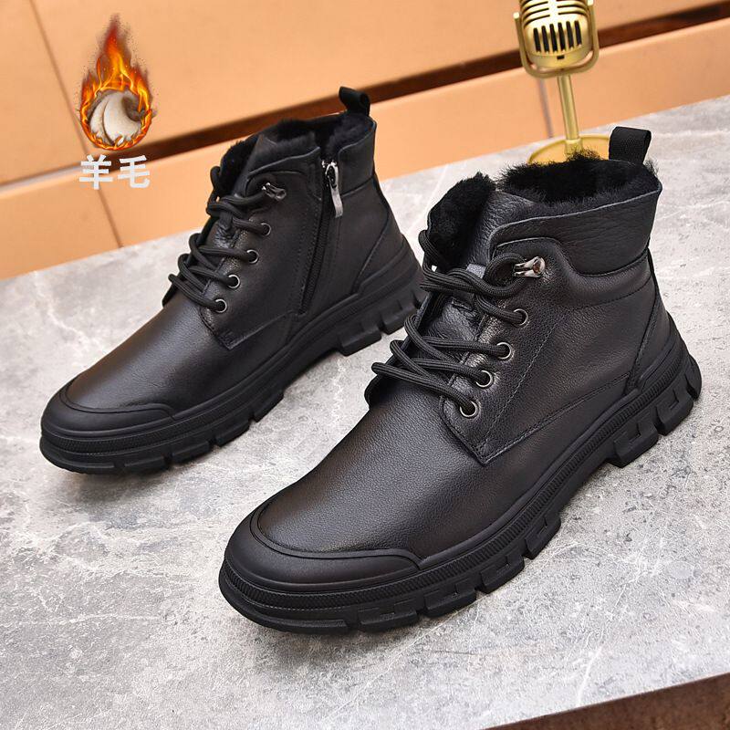 羊毛冬季男靴子保暖加厚皮毛一体真皮中帮短靴棉鞋防滑男士雪地靴