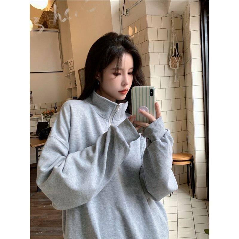 灰色卫衣女秋季美式复古半拉链设计感小众宽松百搭套头薄款上衣潮