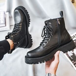 马丁靴男牛皮英伦风机车拉链中帮工装靴高帮皮鞋黑色短靴子ins潮