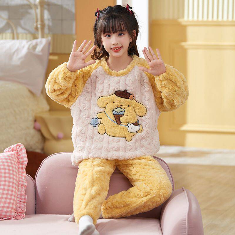 新款儿童睡衣秋冬加厚珊瑚绒母女学生女童加绒保暖家居服套装