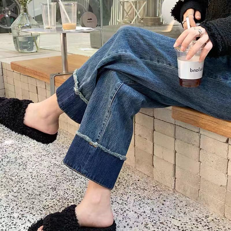 复古拼接毛边牛仔裤女秋冬新款梨形身材高腰宽松显瘦直筒裤子