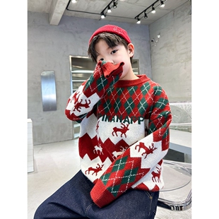 男童红色毛衣秋冬款2025新款大儿童针织衫男孩打底衫冬季加厚保暖