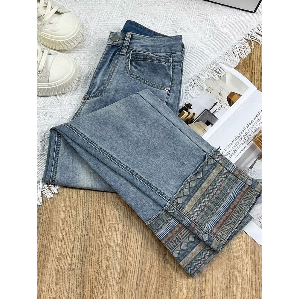 年春秋季新款卷边牛仔裤女高腰时尚百搭烟管裤弹力显瘦九分裤