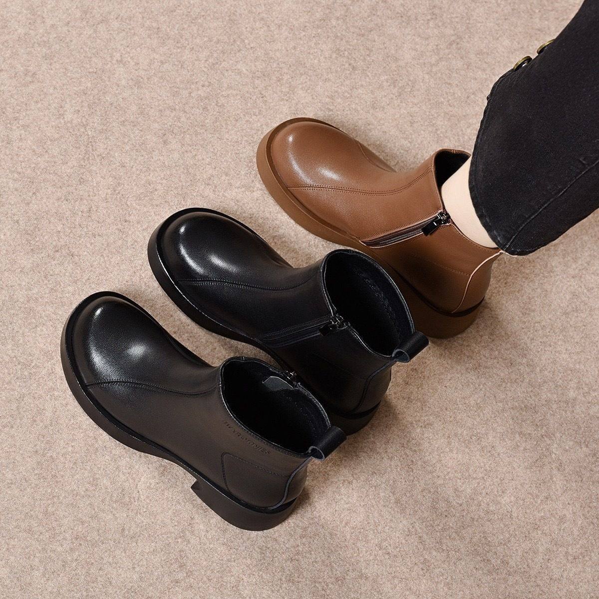 马丁靴女2025 秋冬新款欧美简约平底短靴牛皮圆头女式休闲皮靴棉,女鞋,马丁靴,淘宝优惠券,粉丝福利购,淘宝优惠卷