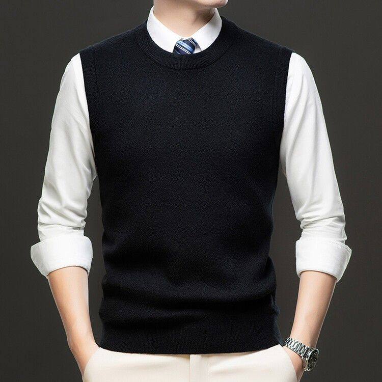 羊毛背心男士圆领中老年人精纺套头马甲爸爸装羊绒衫大码毛衣坎肩