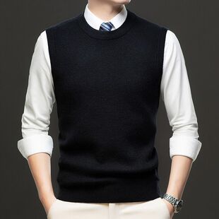 羊毛背心男士圆领中老年人精纺套头马甲爸爸装羊绒衫大码毛衣坎肩