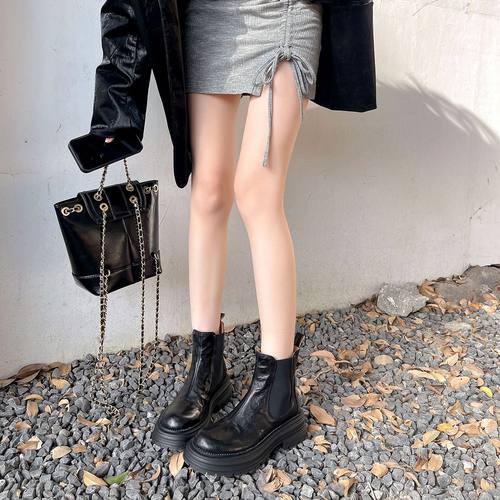 水洗牛皮厚底切尔西靴女真皮英伦风马丁靴黑色圆头褶皱炸街小短靴