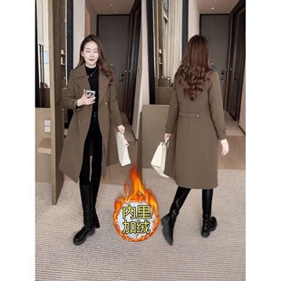 加绒加厚风衣外套女秋冬新款显瘦小个子中长款大衣外套