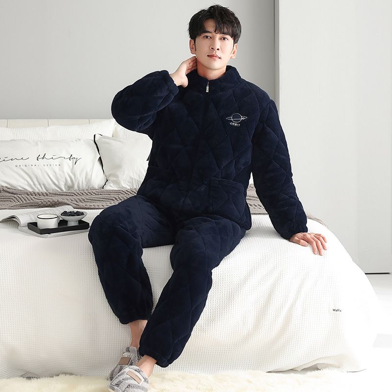 冬季睡衣男加绒加厚三层夹棉保暖立领拉链珊瑚绒青少年家居服套装
