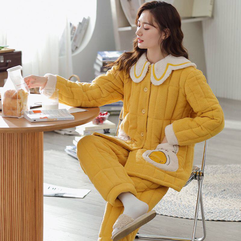 睡衣女冬季三层夹棉保暖加厚加绒冬款珊瑚绒男款棉袄可外穿家居服