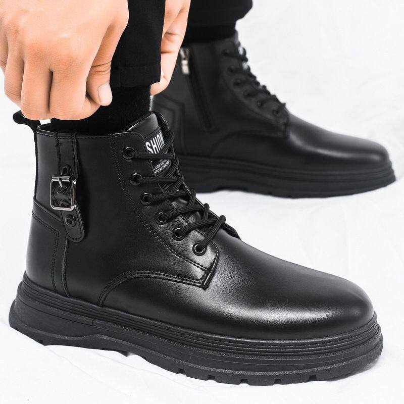 大码马丁靴男侧拉链款秋季时尚潮男式户外黑色中帮短靴工装靴