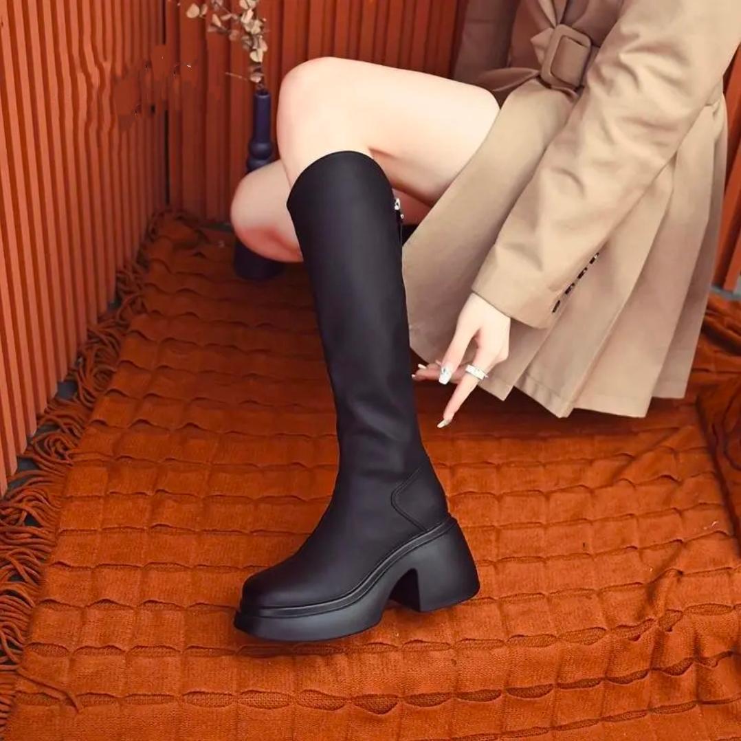 秋冬季松糕底女粗跟厚底长筒靴圆头时尚新款骑士靴时装靴女