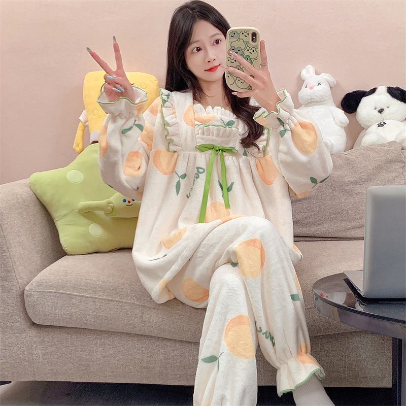 法兰绒睡衣女秋冬季加绒加厚甜美ins风少女保暖家居服套装可外穿