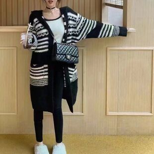 美式复古连帽毛衣外套女慵懒风高级感中长设计感撞色条纹针织开衫